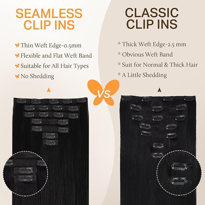 DOORES Seamless Clip-in Real Human Hair Extensions, Jet Black 110g 16 Inch 7pcs, Straight Remy Natural Hair Invisi Edge Clip-ins