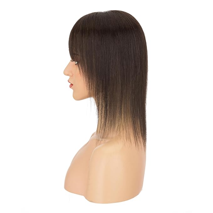 Hairro Human Hair Toppers with Wispy Bangs, 3D 360° Seamless Real Hair Toppers, Hand-Tied with 3.5"x4.7" U-shaped Base, Clip-In Hairpieces to Add Volume on Top, 12 Inch Dark Brown