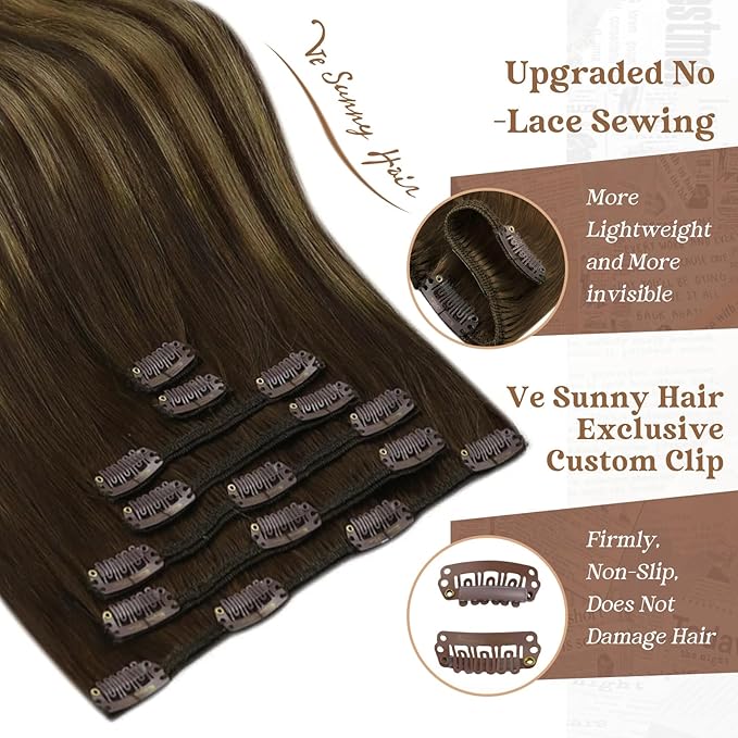 Ve Sunny Balayage Clip in Hair Extensions Human Hair Extensions Clip ins Dark Brown Ombre Caramel Blonde Clip in Extensions Real Human Hair for Long Straight Hair 22inch 120g 7pcs