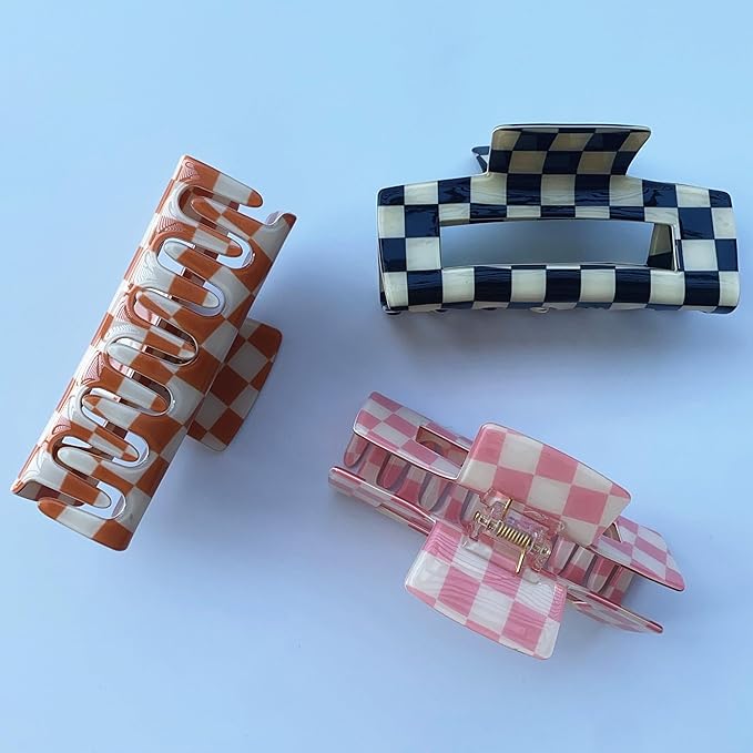 3 Pack Checkered Hair Claw Clips, Large Checker Hair Catch Barrettes 4inch Hair Clamps Cute Hair Claw Hair Clips Hair Accessories for Thick Thin Hair for Women Ladies