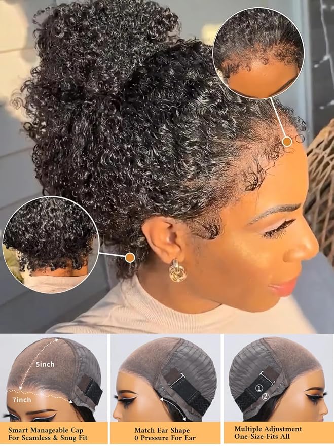 Julia Hair Bye Bye Knots 4C Kinky Curly Glueless Natural Hair Wig 7x5 Pre Cut HD Lace Front Kinky Edges Hairline Wig Pre Bleached Pre Plucked Virgin Hair with Baby Hair for Black Women 26 Inch
