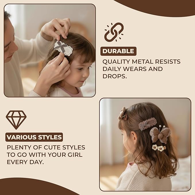 Hair Clips for Baby Girls-8 Pcs Beige Hair Accessories with Knitted Flower, Bow, Butterfly Designs-Soft Wool and Crochet Hairpins-Non-Slip Barrettes for Daily and Occasional Wear (Design 2-8pc Set)