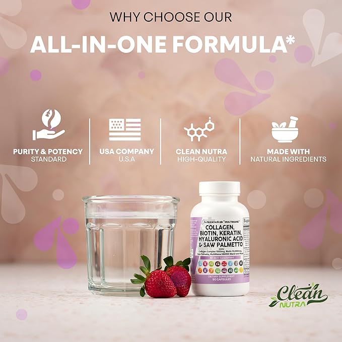 Clean Nutraceuticals Collagen Pills 1000mg Biotin 10000mcg Keratin Saw Palmetto Hyaluronic Acid - Hair Skin & Nails Vitamins & DHT Blocker (90 Count (Pack of 2))