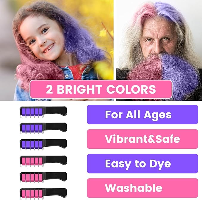 Hair Chalk for Kids - Temporary Bright Hair Color Comb, Washable Dye for New Year, Birthday, Cosplay, Halloween, Christmas