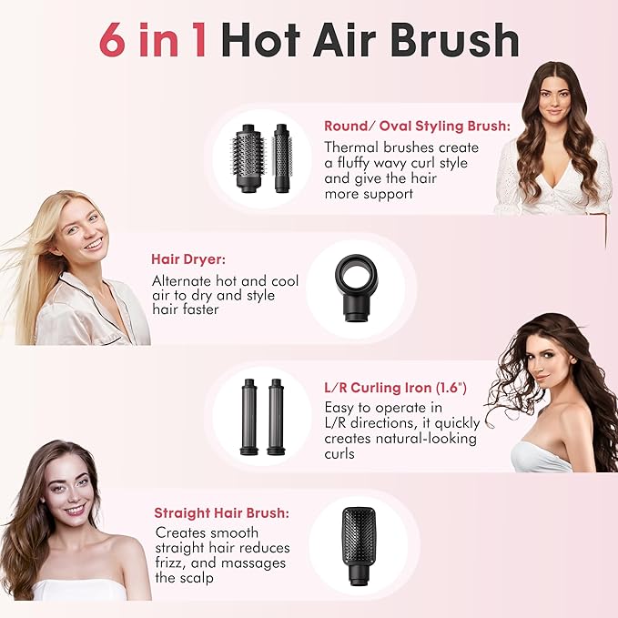 6 in 1 Blow Dryer Brush Set, Powerful Hair Dryer Brush with Auto-Winding Curl L/R, Fast Drying, Smooth Blowouts, Root-Lift Volume, No Heat Damage Frizz-Free Thermal Brush, Hot Air Styler for Travel