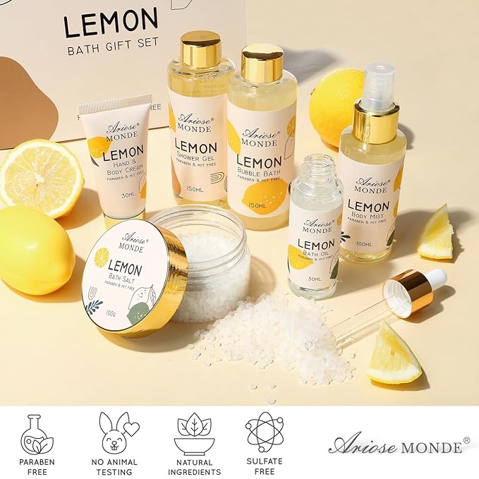 Lemon Scent Bath Spa Gift Box Set for Women - Shower Gel, Bubble Bath, Body Cream, Soap, Salt, Essential Oil