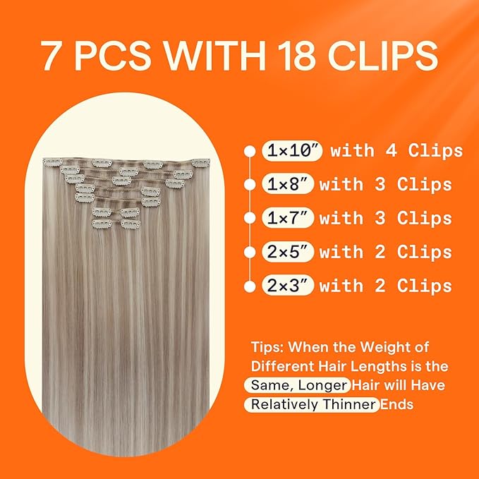 Full Shine Ash Blonde Clip in Hair Extensions 14 Inch Highlights Ash Blonde Hair Extensions for Short Thinning Hair 7 Pcs 120 G