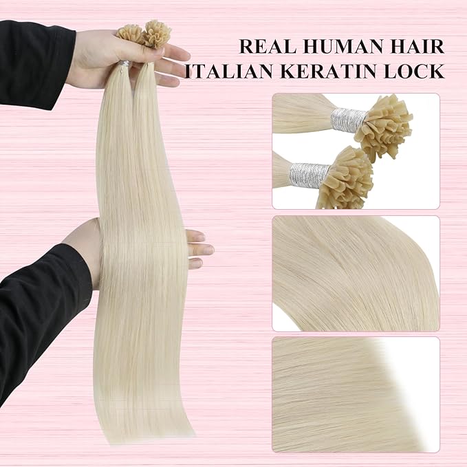 YoungSee Utip Human Hair Extensions Platinum Blonde 24 Inch K Tip Hair Extensions Human Hair White Blonde U Tips Extension Real Hair Long Straight U Tips Hair Extension for Women 50s/50g Hot Fusion