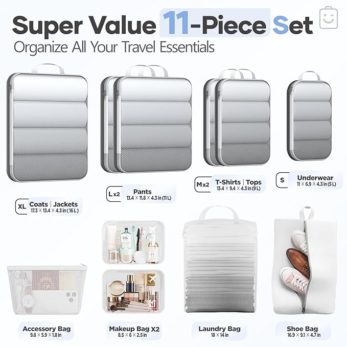 Veken 11 Set Compression Packing Cubes for Travel Essentials,Compressible Expandable Large Luggage Suitcase Organizer Bags for Clothing,Durable Space Saver Storage Bags with Toiletry Bags(White)