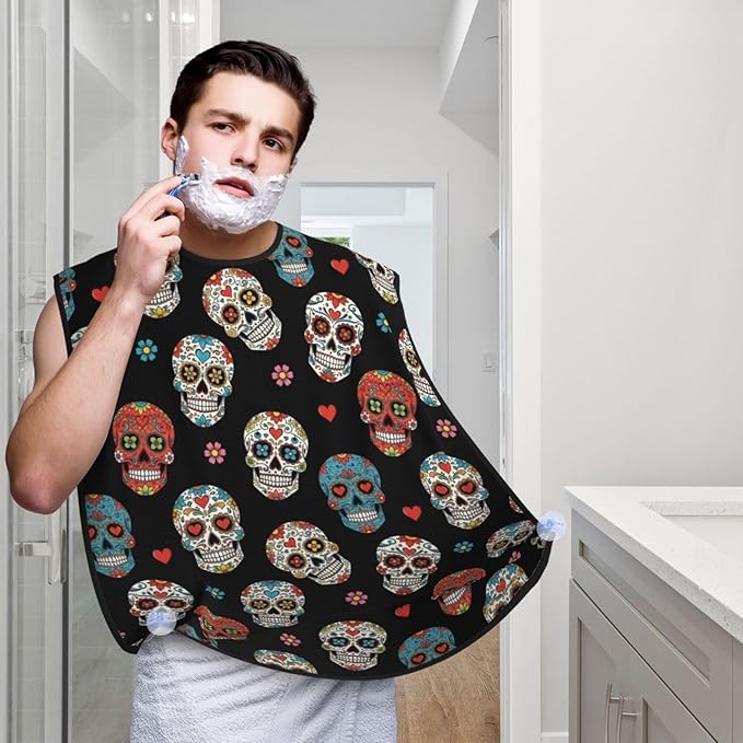 Beard Bib Apron for Men Shaving, Waterproof Non-Stick Hair Catcher with Suction Cups, Grooming Essential for Dad Husband, Day of The Dead Sugar Skull Shave Bib