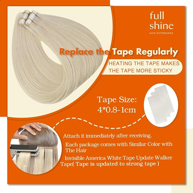Full Shine Blonde Tape in Extensions Color 60 Blonde Tape in Hair Extensions Human Hair 22Inch Long Extension Seamless Skin Weft for Natural Look 100G 40Pcs Add Volume