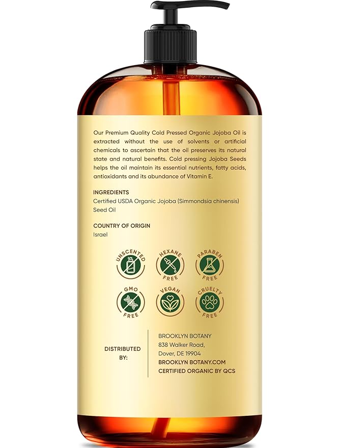 Brooklyn Botany Cold-Pressed Organic Jojoba Oil | for Skin, Hair and Face | 16 Fl Oz | 100% Pure and Natural | Carrier Oil for Essential Oils, Aromatherapy and Massage | Hexane Free