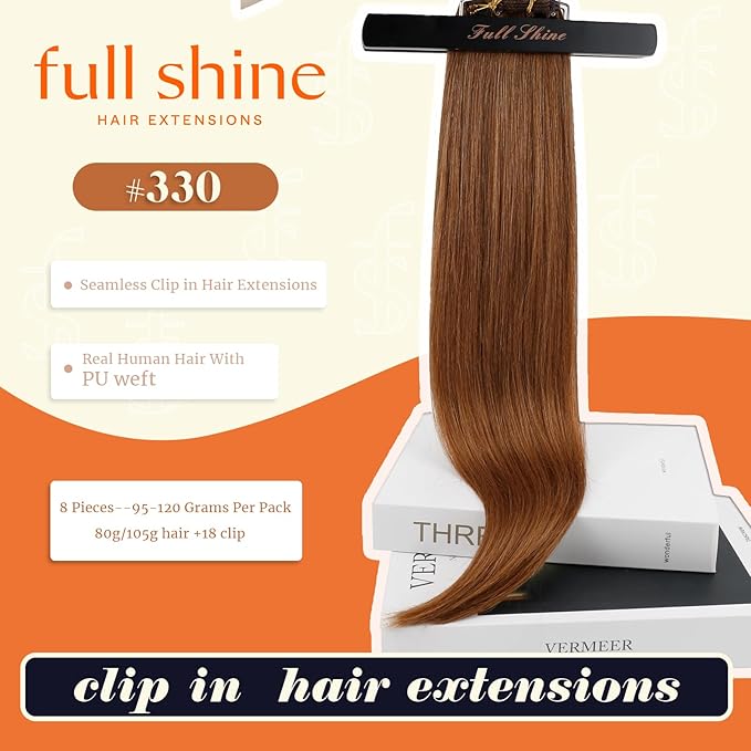 Full Shine Copper Red Clip in Hair Extensions 16 Inch Real Human Hair Natural Straight Pu Weft Auburn Brown Brazilian Hair Clips Healthy Ends 8 Pcs 120 Grams
