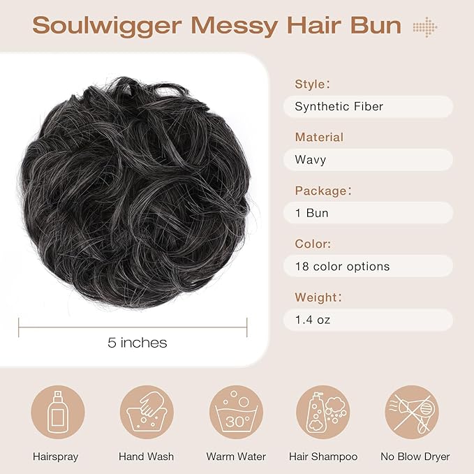 Messy Bun Hair Piece Wavy Curly Scrunchies Fluffy Donut Thick Updo Elegant Chignon Hairpieces for Women Girls, Dark Brown Mix White 1.4oz