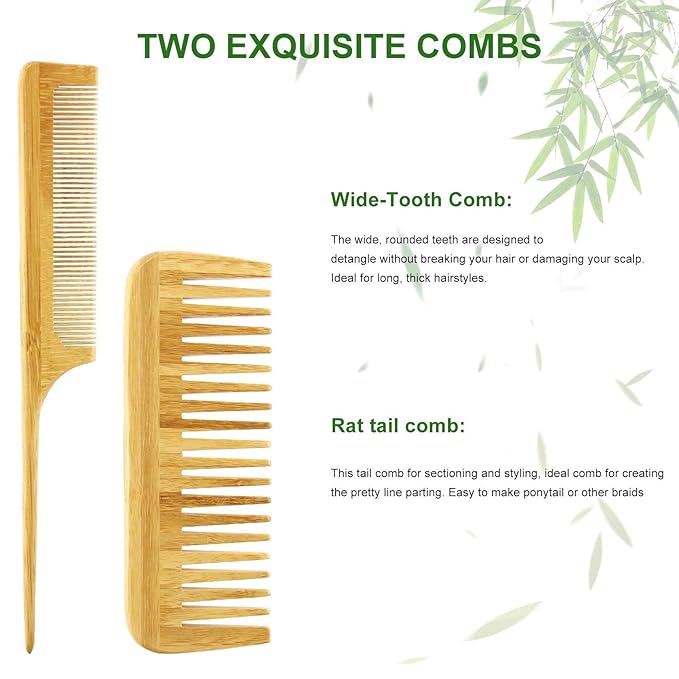 MRD Hair Brush Set, Natural Bamboo Comb Paddle Detangling Hairbrush, Wide-tooth and tail comb No Bristle, suit for Women Men and Kids Thick/Thin/Curly/Dry Hair Gift kit