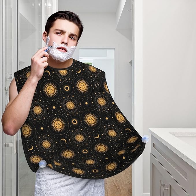 Beard Bib with 3 Suction Cups, Non-Stick Waterproof Hair Catcher Apron, Men's Shaving Essential for Grooming, Mystical Constellations Space Gold Zodiac Sun Moon Stars Shave Bib