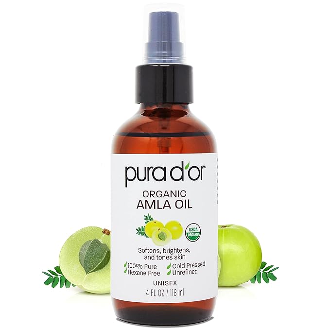 PURA D'OR 4 Oz ORGANIC Amla Oil, 100% Pure USDA Certified Premium Grade, Cold Pressed, Unrefined, Extra Virgin, Hair Serum & Thickening Hair Product w/Pump for Women & Men