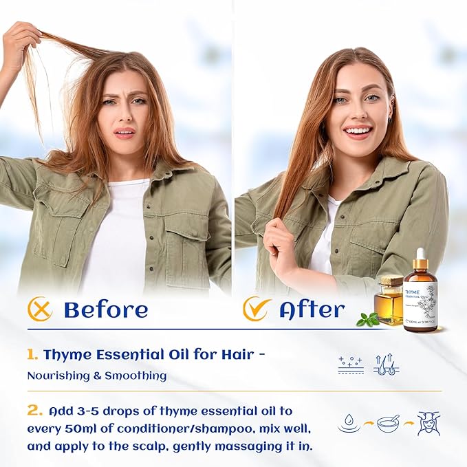 HIQILI 3.38 Fl Oz Thyme Essential Oil, 100% Pure Undiluted for Hair, Skin, Diffuser, Aromatherapy, Includes 10ML Travel Bottle - 100ML