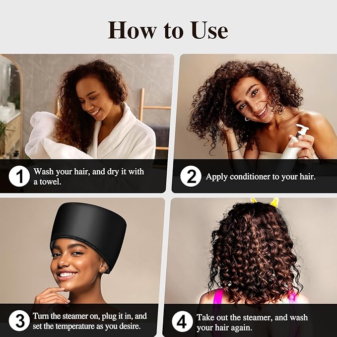 Heated Electric Thermal Steamer Cap for Natural Black Afro Hair - Hot Spa Treatment Hat with Temperature Control for Deep Conditioning at Home - Black