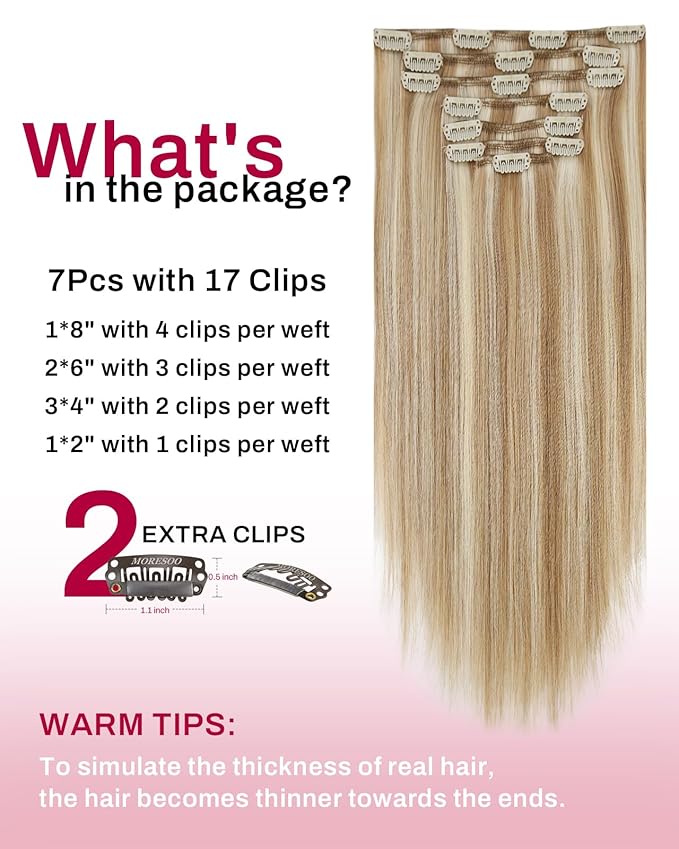 Moresoo Clip in Hair Extensions Brown with Blonde Highlights Clip in Extensions Real Human Hair Warm Yellow Brown with Light Blonde Full Head Long 120g/7pcs 20 inch