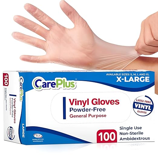 CARE PLUS Latex-Free Vinyl Gloves Clear Extra Large Size 100 Count | Heavy Duty, Non-Sterile, Powder-Free, Rubber | Food Prep, Kitchen & Cleaning Gloves, Ideal for Professional Use
