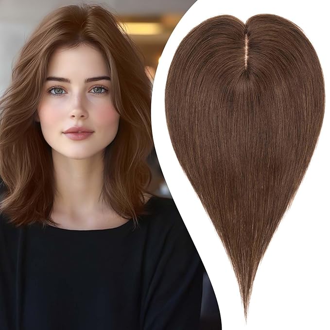S-noilite Hair Toppers for Women Real Human Hair 3D 360° Cover Clip in 100% Real Human Hair Toppers 3″*4″ Clip in Silk Base 10 inch Dark Brown