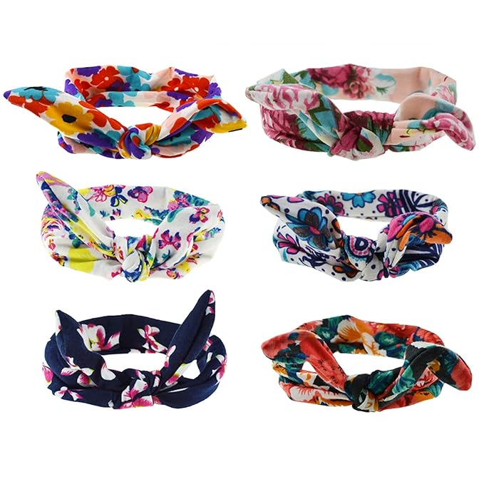 DRESHOW Boho Bow Headbands for Women Vintage Flower Printed Yoga Hairband Elastic Rabbit Ear Head Wrap 6 Pack