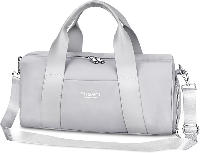 Compact Sports Gym Bag for Women and Men, Cute Mini Duffle Bag with Wet Pocket & Shoes Compartment, Personal Item Travel Workout Bag, 16"-Small, Grey