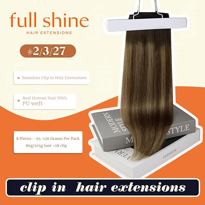 Full Shine Balayage Clip in Hair Extensions 22 Inch Seamless Hair Extensions Clip in Dark Brown to Medium Brown with Caramel Blonde Real Human Hair 8 PCS 120 G