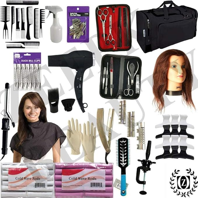 Cosmetology Kit w/Mannequin Head, Beauty School Set or Beginners! Small and Big Wave Rods! Blow Dryer! Shears & Manicure Set! Custom Comb Set! Curling Iron! Hair School Ready!