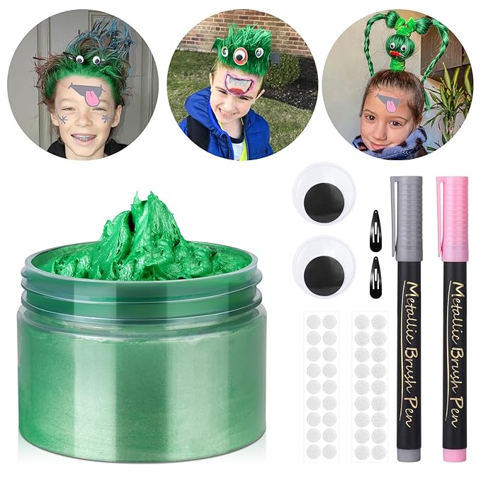 Temporary Hair Color Wax Kit, Stocking Stuffers for Teen Girls age 4 5 6 7 8 9 10+ Hair Dye Color Wax Washable Crazy Hair Style with Wiggle Eyes & Face Pens(Green)
