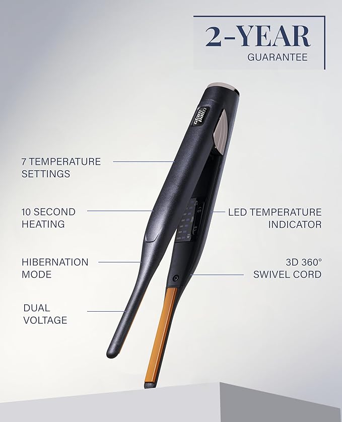 GLAMPALM Stiletto Hair Straightener 0.3" Pencil Ceramic flat iron Infused with Vita C, Korea's No.1 Professional Salon Tool for Short Hair, Dual Voltage, 7 Heat Setting(150°–450°), 10s Heat-Up (GP141)