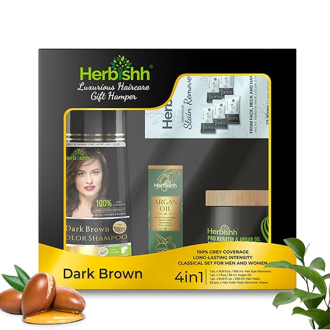 Herbishh Hair Color Shampoo for Gray Hair – Natural Hair Dye Shampoo – Lasts Up To 3-4 Weeks – 500ML – 3-In-1 Hair Color – Colors, Cleanses, and Conditions (Dark Brown Gift Set)
