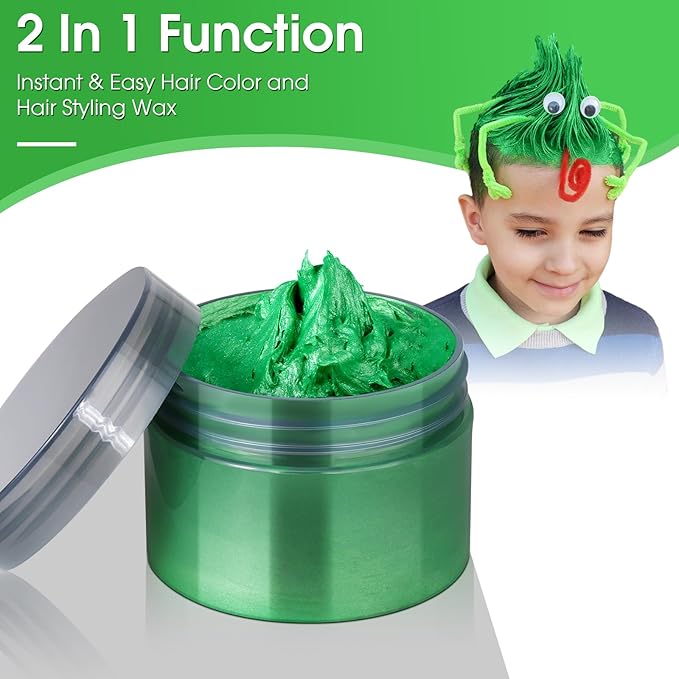 Temporary Hair Color Wax Kit, Stocking Stuffers for Teen Girls age 4 5 6 7 8 9 10+ Hair Dye Color Wax Washable Crazy Hair Style with Wiggle Eyes & Face Pens(Green)
