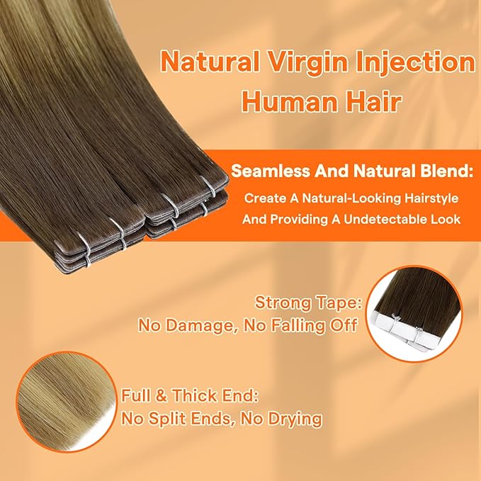 Full Shine Invisible Injected Tape in Hair Extensions Human Hair Color 3 Brown Fading to 8 And 22 Blonde Seamless Tape in Extensions 20Gram Machine Virgin Hair Extensions Tape ins 14Inch 10Pcs