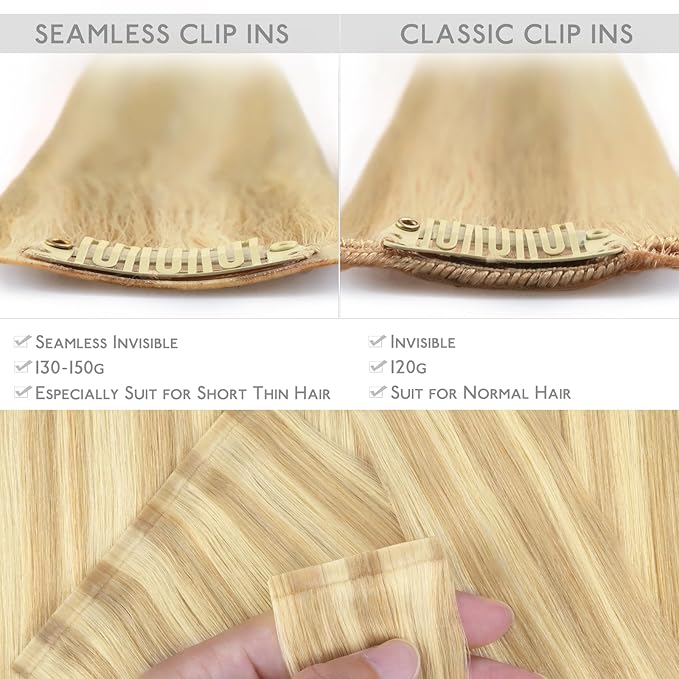 WENNALIFE Seamless Clip In Hair Extensions, 20 Inch 7pcs 150g Light Blonde Highlighted Golden Blonde Hair Extensions Clip In Real Human Hair Extensions Invisible PU Weft Human