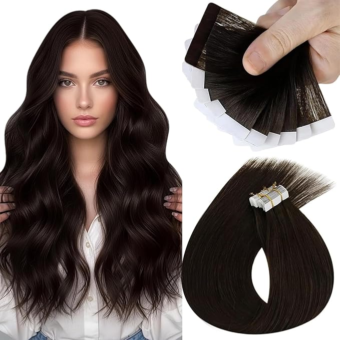 Sunny Hair Tape in Hair Extensions Real Human Hair Invisible Remy Hair Extensions Tape ins for Women Dark Brown 24 inch 25G