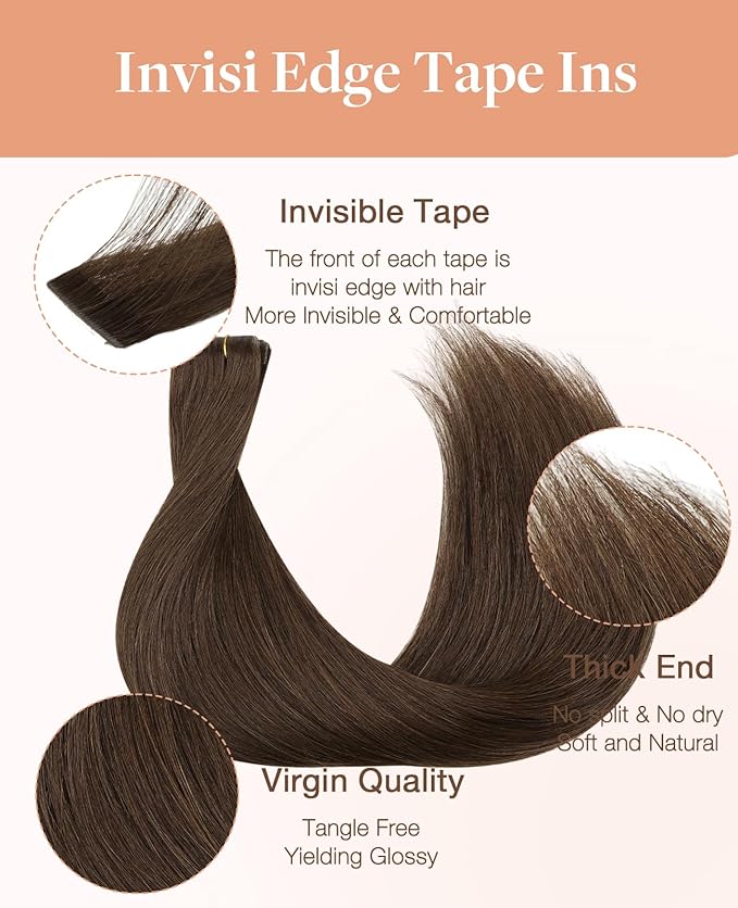 GOO GOO Invisi Edge Tape in Hair Extensions Human Hair, 4A Chocolate Brown 20pcs 22inch 50g, Virgin Remy Hair, Seamless Injected Tape, Natural Look