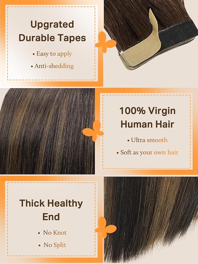 DOORES Tape in Human Hair Extensions, Balayage Dark Brown to Chestnut Brown30g 10pcs 22 Inch, Hair Extensions Tape in Straight Skin Weft Remy Hair Extensions