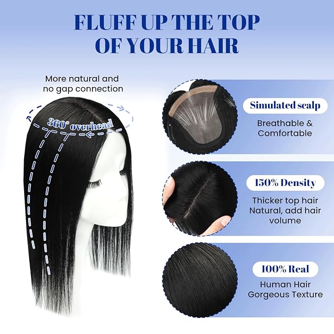 WORLDSTAR Human Hair Toppers for Women Real Human Hair No Bangs 6 * 7 Inch Base 12 Inch 55g #1 Jet Black Toppers Hair Pieces for Women with Thinning or Grey Roots (tp#1-12