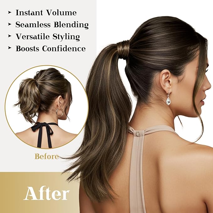 Ve Sunny Hair Extensions Ponytail Real Human Hair Wrap Around Clip in Ponytail Hair Extensions Straight Extensions Human Hair for Women Dark Brown Balayage Chestnut Brown 18inch 80G