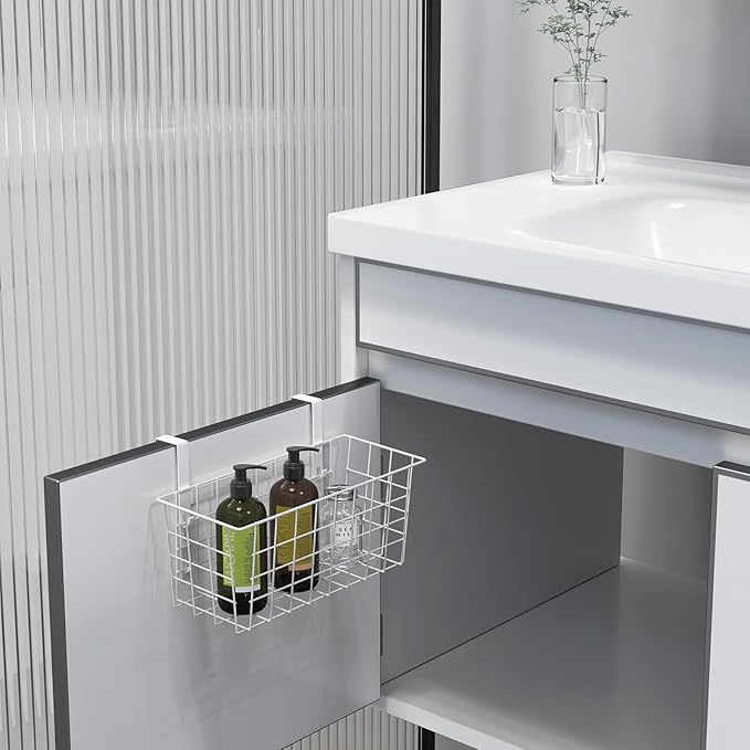 MaraFansie Basket with Hook, Grid Storage Basket, Over the Cabinet Door Organizer, Wire Hanging Basket with Hook Over the Door/Railing, Under Sink Kitchen Cabinet, Pantry, Bathroom, White, 4 Pack