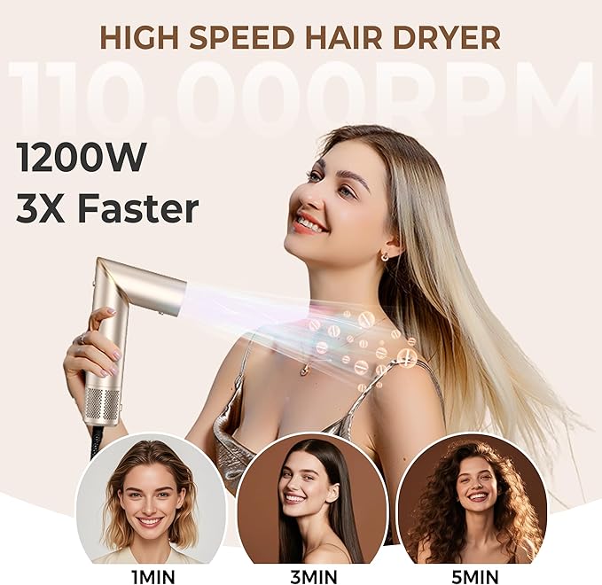 Ukliss 8 in 1 Hair Dryer Brush & Multi Hot Air Styler–Foldable 110,000 RPM Blow Dryer Brush Tool Set with Diffuser Auto-Wrap Curler for Fast Drying Curling Straightening Hair Daily Styling (1.25'')