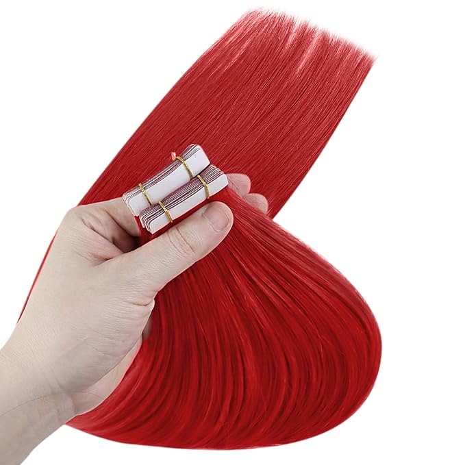 YoungSee Tape in Hair Extensions Red Tape in Extensions Human Hair 18Inch Tapes in Real Hair Red Long for Women 10Pcs 25G