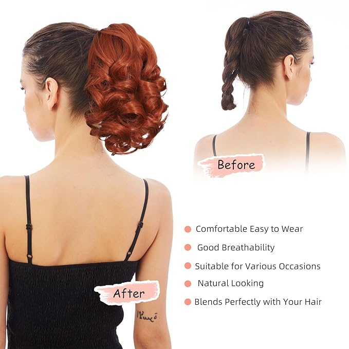 Ponytail Extension, Clip on Ponytails for Women, 9" Claw Clip in Short Curly Wavy Pony Hair Extension for Women - Auburn