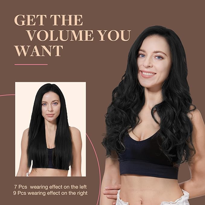 GOO GOO Clip in Hair Extensions Real Human Hair, Remy Human Hair Extensions Clip ins for Women, Natural Human Hair, 20inch 150g 9Pcs, 1 Jet black