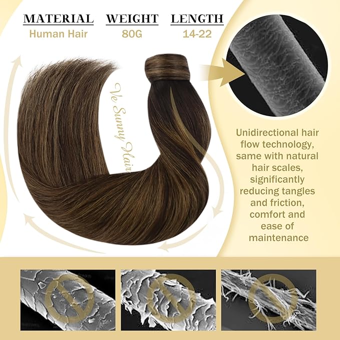 Ve Sunny Hair Extensions Ponytail Real Human Hair Wrap Around Clip in Ponytail Hair Extensions Straight Extensions Human Hair for Women Dark Brown Balayage Chestnut Brown 16inch 80G