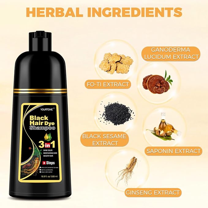Black Hair Dye Shampoo 3 in 1 for Gray Hair Coverage, Hair Color Shampoo for Women Men, Herbal Ingredients Champu Para Pintar el Cabello (16.9 Oz)