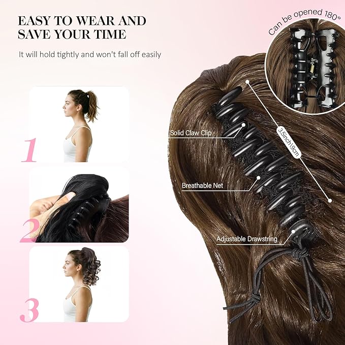 Claw Clip Ponytail Extension - 12 Inch Curly Ponytail Extension, Wavy Pony Tails Hair Extensions, Synthetic Hair Extensions Ponytail, Clip On Ponytails for Women (Color: Dark Brown)
