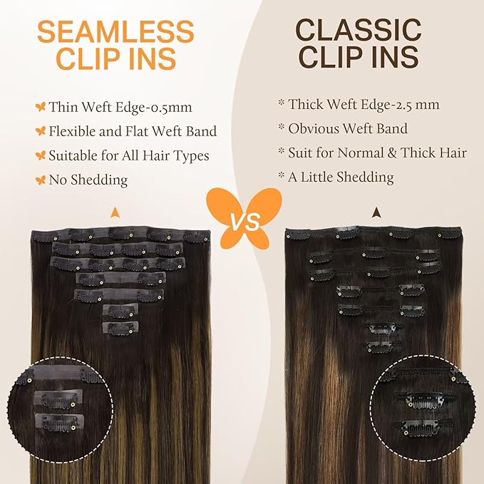 DOORES Clip in extensions - Real Human Hair with Invisible Edge, Dark Brown to Chestnut Brown 22 Inch 150g 7pcs, Straight Natural Virgin Hair